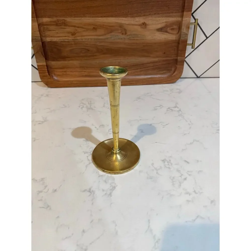 antique vintage brass candlestick holder classic turned, tapered stem wide base